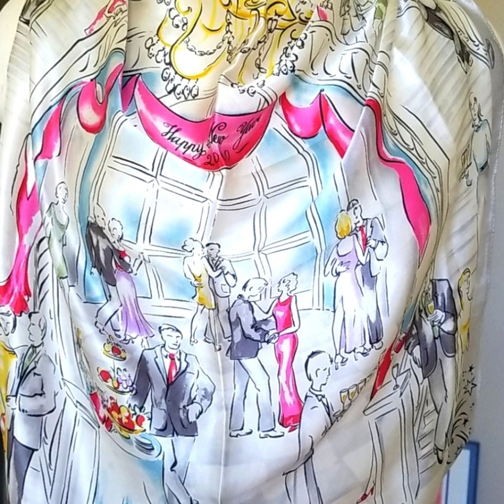 Vtg.New Year’s Eve Y2K  silk scarf  new Millennium rolled edges